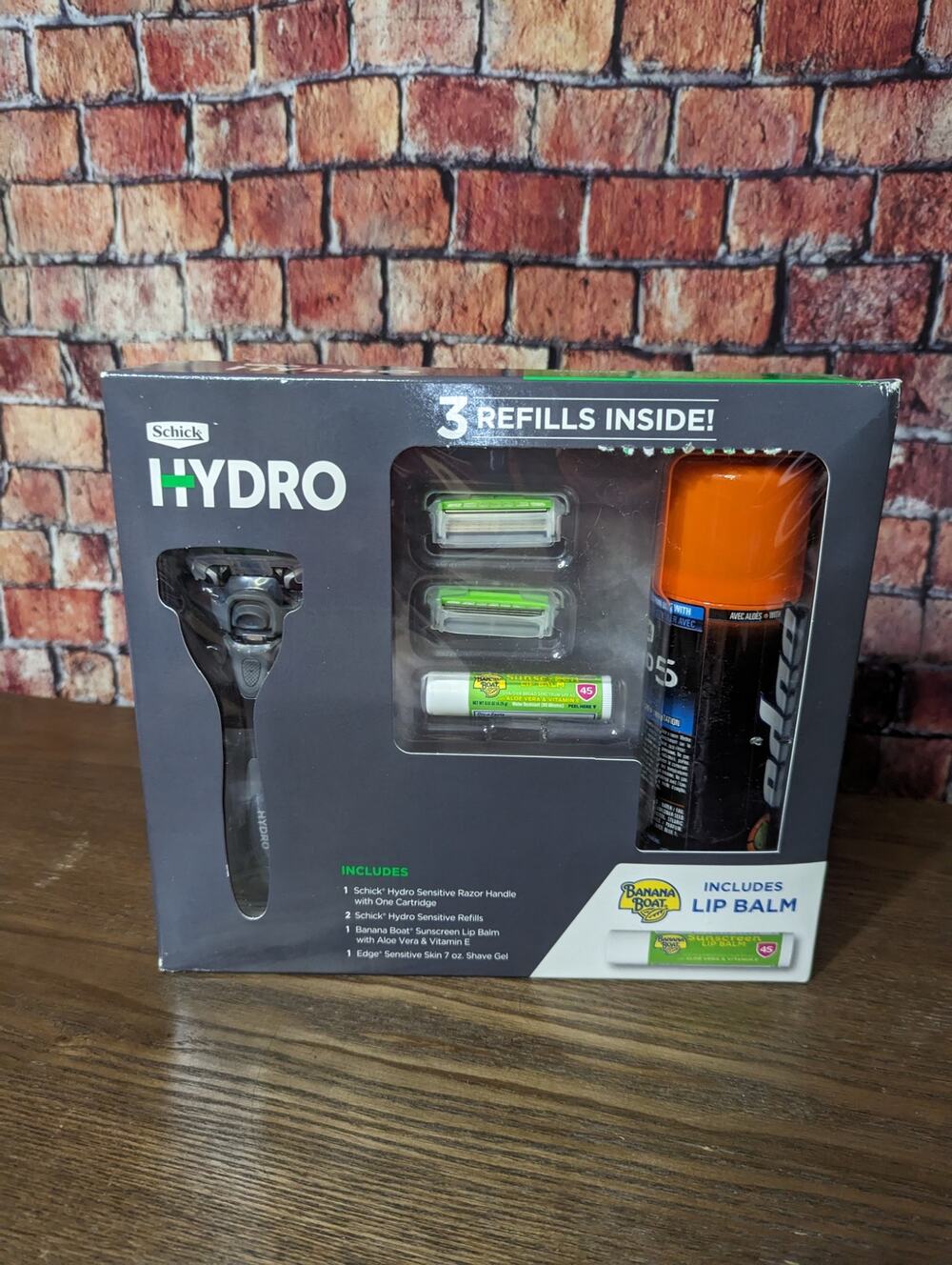 Schick Hydro Razor Set; Razor Edge Shave Gel & Banana Boat Lip Balm